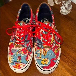 Ralph Lauren THORNTON III Hawaii Aloha Tropical Red Canvas Leather Shoes Mns